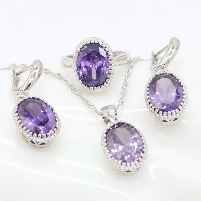 Blue 3pcs Круглый Изысканный Фиолетовый стерлингового серебра 925 Модный кулон ожерелье браслет из серьги Ювелирные наборы для дам модный подарок - Окраска металла: Blue 3pcs