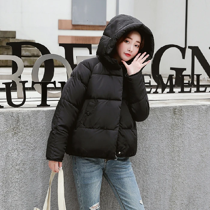 Зимнее короткое хлопковое пальто с капюшоном, женское свободное плотное теплое одноцветное пальто - Цвет: black