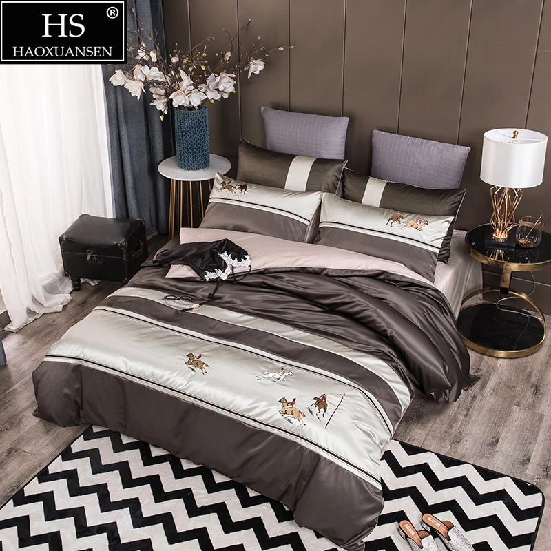 

Modern Bedding Sets Horse Racing Design Embroidery Double Duvet Covers Bed linens Cotton Bedsheet/Fitted Sheet Pillow Covers