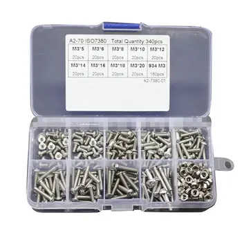 

340Pcs M3 With Nuts Foreign Trade Stainless Steel 304 Pan Head Hexagonal Screw Combination Set Boxed