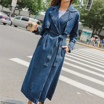

Denim Trench Coat For Women Autumn Loose Long Coat Women Double-Breasted Loose Jeans Trench Coat Windbreaker Manteau Femme C5635