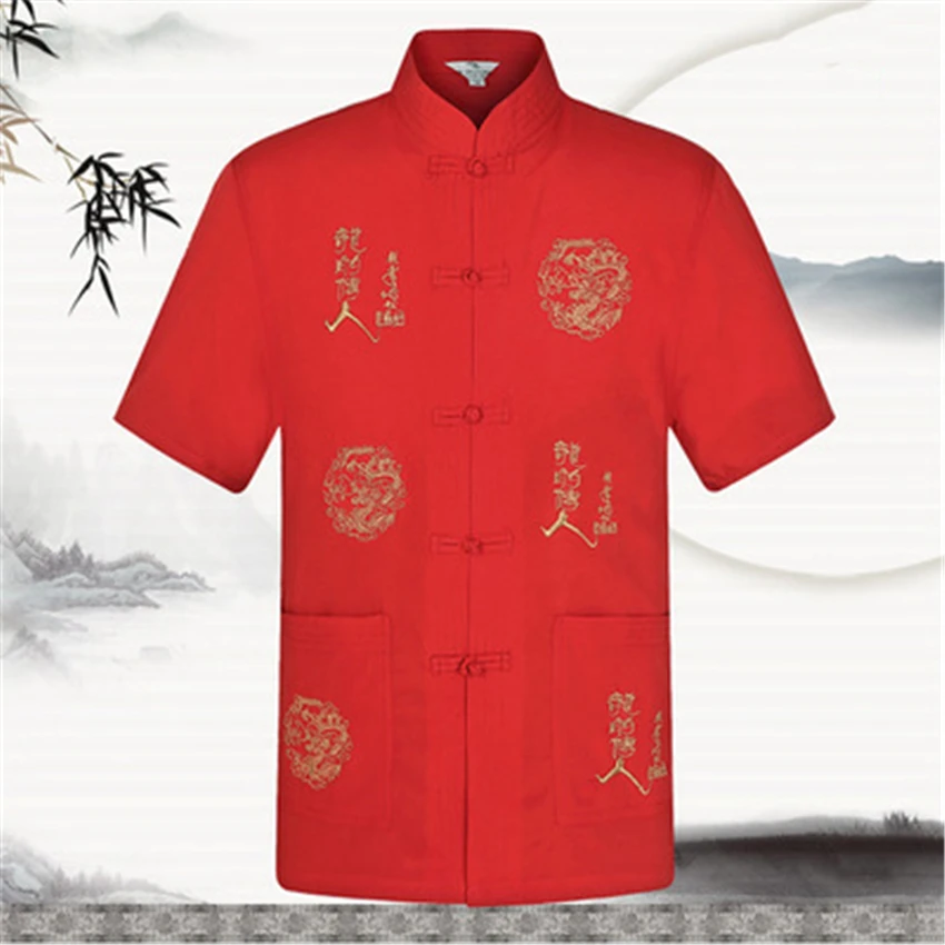 Summer Embroidery Dragon Print Blouse Tops Men Tang Suit Chinese Traditional Hanfu T Shirt Kung Fu Coat Father Oriental Cardigan