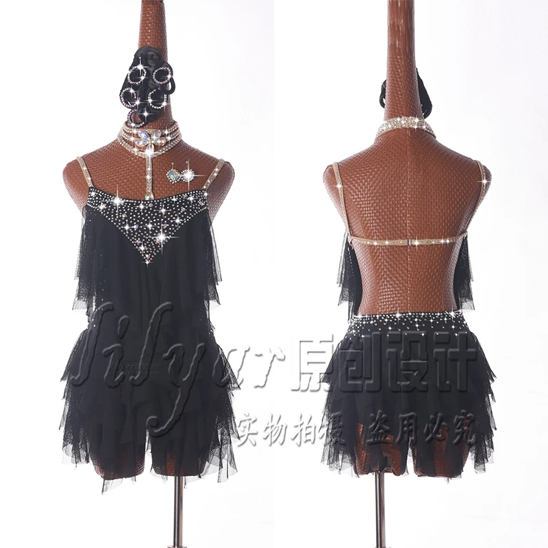 

New Latin dance skirt competition skirt performance Skirt Adult custom children's black suspender backless sexy dance skirt