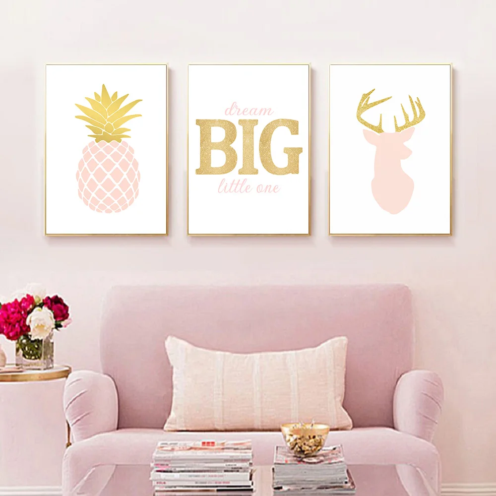 

Pink Pineapple Wall Art Canvas Painting Custom Name Art Poster Cartoon Deer Print Painting Kids Room Nursery Girl Wall Pictures