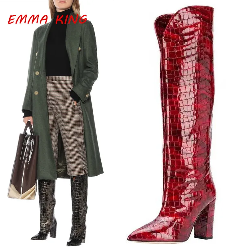 

Runaway Style Sexy Pointed Toe Snakeskin Prints Knee High Boots 2020 Fashion Winter Chunky High Heels Slip-On Style Long Boots