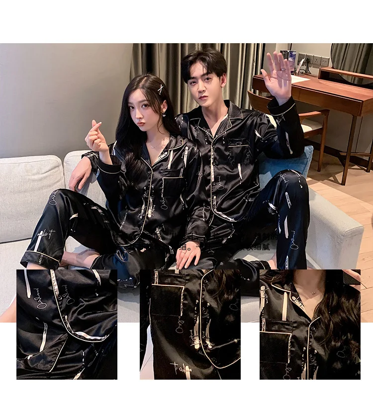 Couple Sleepwear Large 5XL Pajamas Men Pajamas 4XL 5XL Satin Long Sleeve Set Black Men Trousers Unisex Lovers Pyjamas For Autumn men's cotton lounge pants