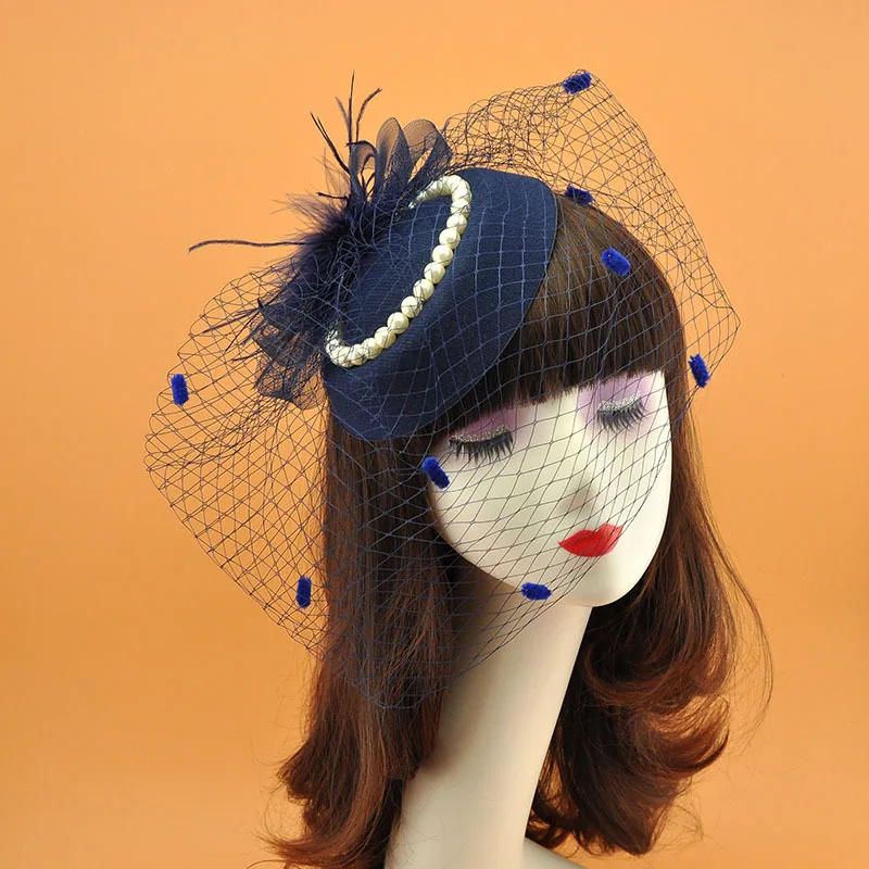 Navy blue Зимняя женская чародейная шляпа с жемчужным бантом, коробка для таблеток, шляпа, Топпер, вечернее платье, аксессуары для волос, часовня шляпа, Федора, женский элегантный головной убор - Цвет: Navy blue