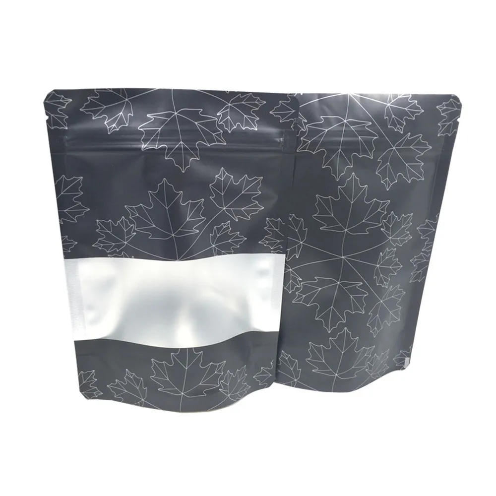 

50Pcs/Lot Black Aluminum Mylar Foil Zip Lock Stand Up Bag with Frosted Window Maple Leaf Printed Grip Seal Tear Notch Doypack