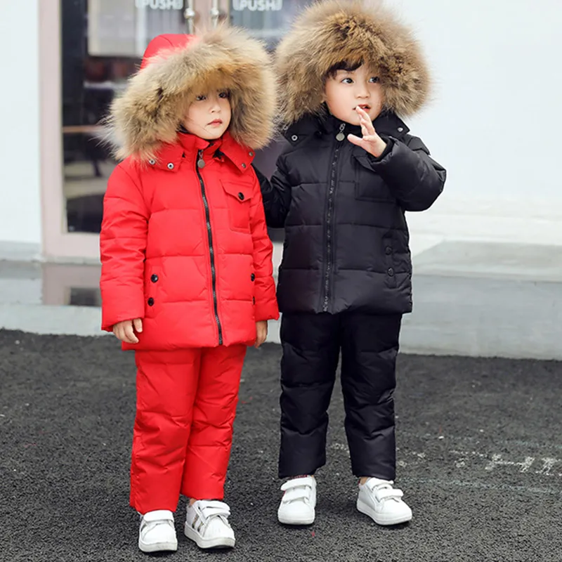 Зимние теплые комплекты одежды для детей зимний детский лыжный костюм на утином пуху с натуральным мехом для маленьких девочек, зимний комплект для мальчиков, пуховики+ комбинезоны
