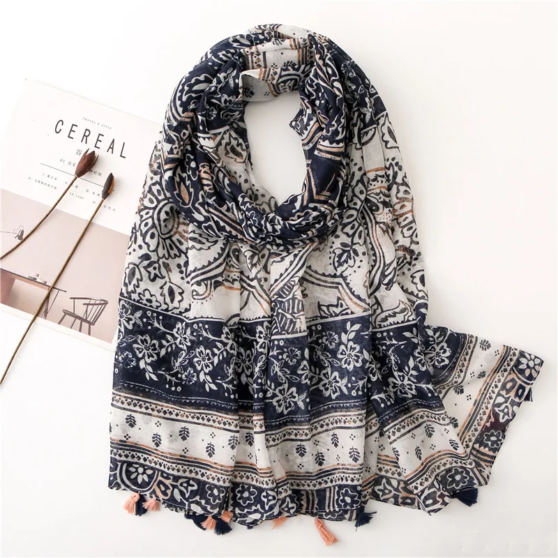 

New Viscose Scarf for Women Cute Floral Print Foulard Large Tassel Shawl Hijab [6636]