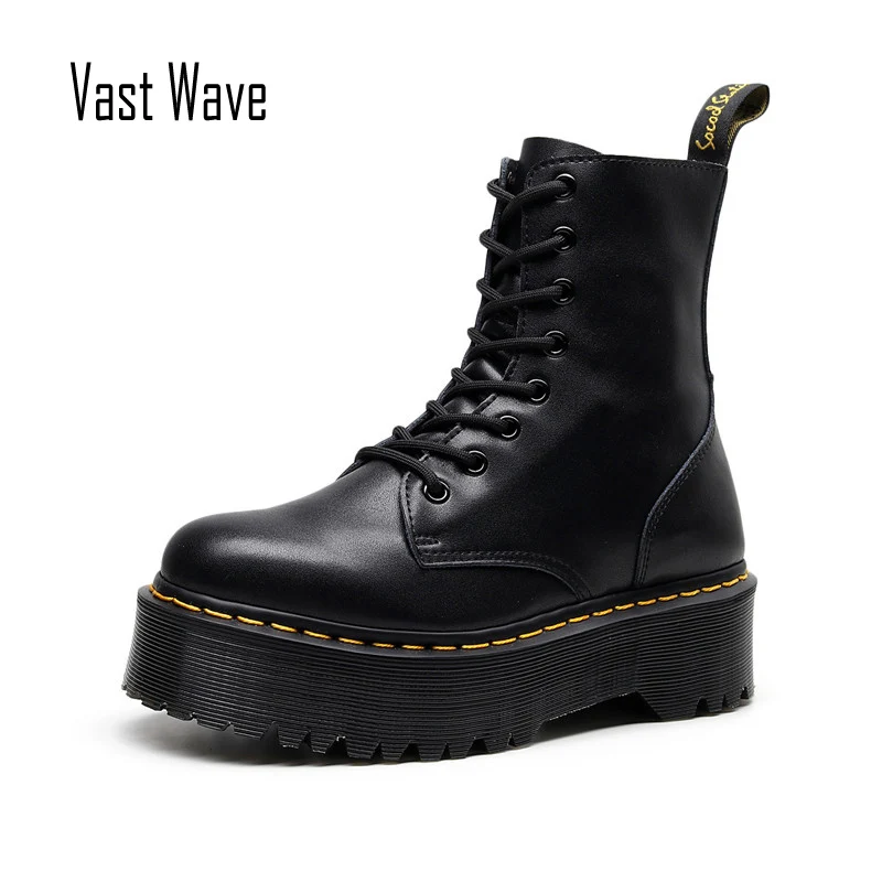 Женские кожаные ботильоны Vastwave черные ботинки на толстой подошве сапоги
