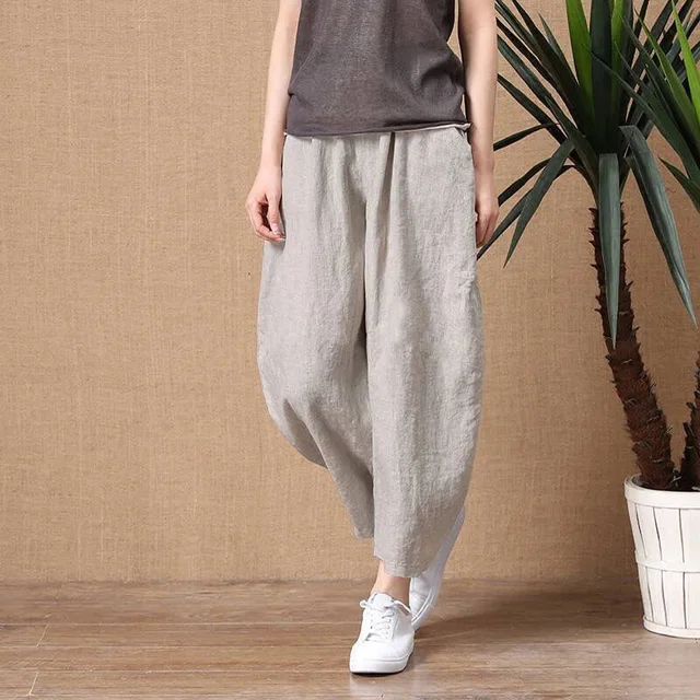 ShiMai Women's Cotton Linen Pants Elastic Waist Vintage Trousers Lady Loose Casual Pants S-5XL Retro Literary Cotton Trousers Gray