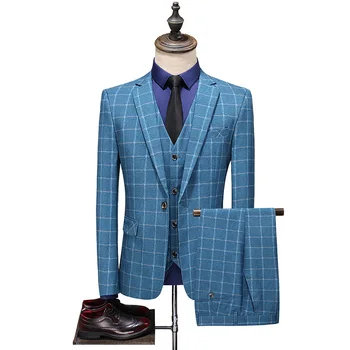 

2020 Four-Seasons Type Men's Plaid Blue Suit Youth Single-Button Professional Suit Fashion Slim Three-Piece Suit