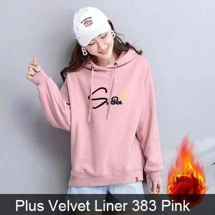 Winter 383 Pink Толстовки и кофты Пуловеры Для женщин Осень и Зима Свободная плюс бархатный толстая лайнер Толстовка Печать писем куртка 2 - Цвет: Winter 383 Pink