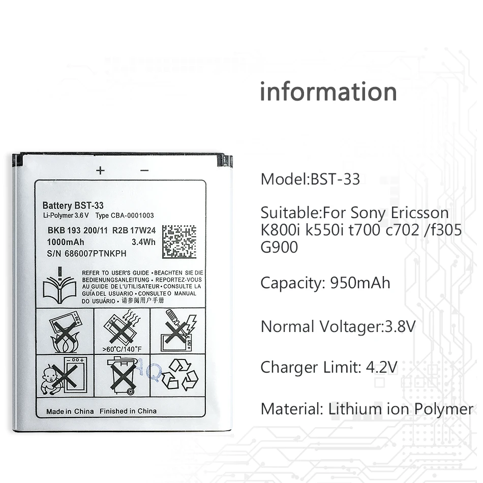 BST-33 литий-ионный аккумулятор для мобильного телефона, Батарея для sony Ericsson W205 W300 W300i W302 W395 W595 W595a W610 W610i W660 W705 W705u 1000 мА-ч