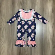 Новое поступление; сезон весна-зима; Изысканная одежда для маленьких девочек; темно-синий, розовый хлопковый комбинезон-пачка с цветочным рисунком для малышей; комбинезон с оборками и длинными рукавами для малышей