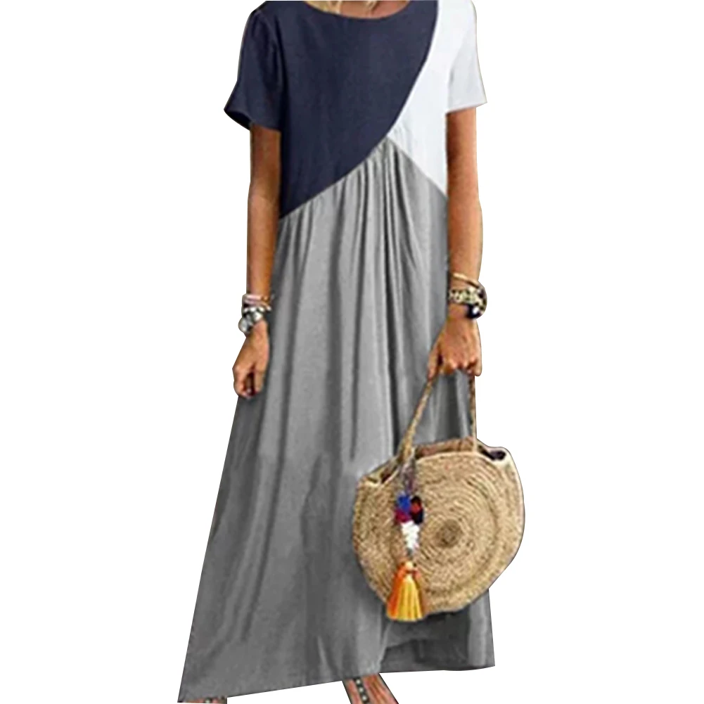 

Women Summer Casual Splicing Dress Short Sleeve Round Neck Loose Long Dress Casual Plain Maxi Dresses