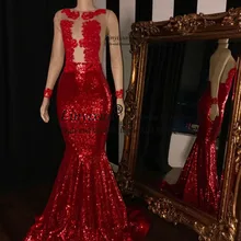 Шикарное красное платье русалки с блестками, платье для выпускного вечера, длинные рукава, африканская аппликация, прозрачная спина, Формальные женские вечерние платья, Длинные вечерние платья