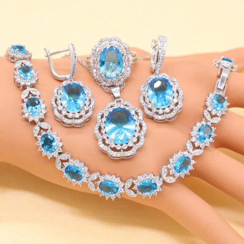 SKY Blue 4pcs Зеленый полудрагоценный женский 925 штампованный Серебряный свадебный ювелирный набор с браслетом ожерелье кулон серьги кольцо подарок на день рождения - Окраска металла: SKY Blue 4pcs