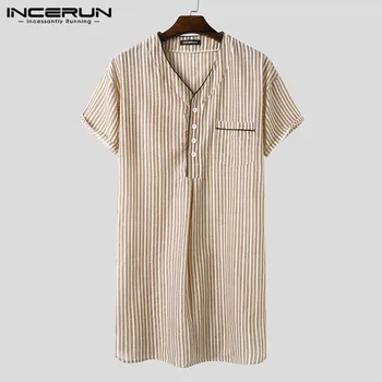 

INCERUN Men Striped Nightgown Short Sleeve Robes V Neck Breathable Cotton Homewear Leisure Men Dressing Gown Cozy Bathrobes 2020