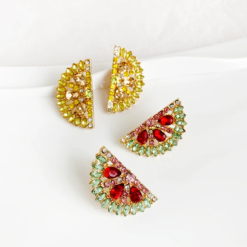 

2019 Bohemian Luxury Lemon Crystal Colorful Stud Earrings For Women Semicircle Round Fruit Statement Summer Wedding Ear Jewelry