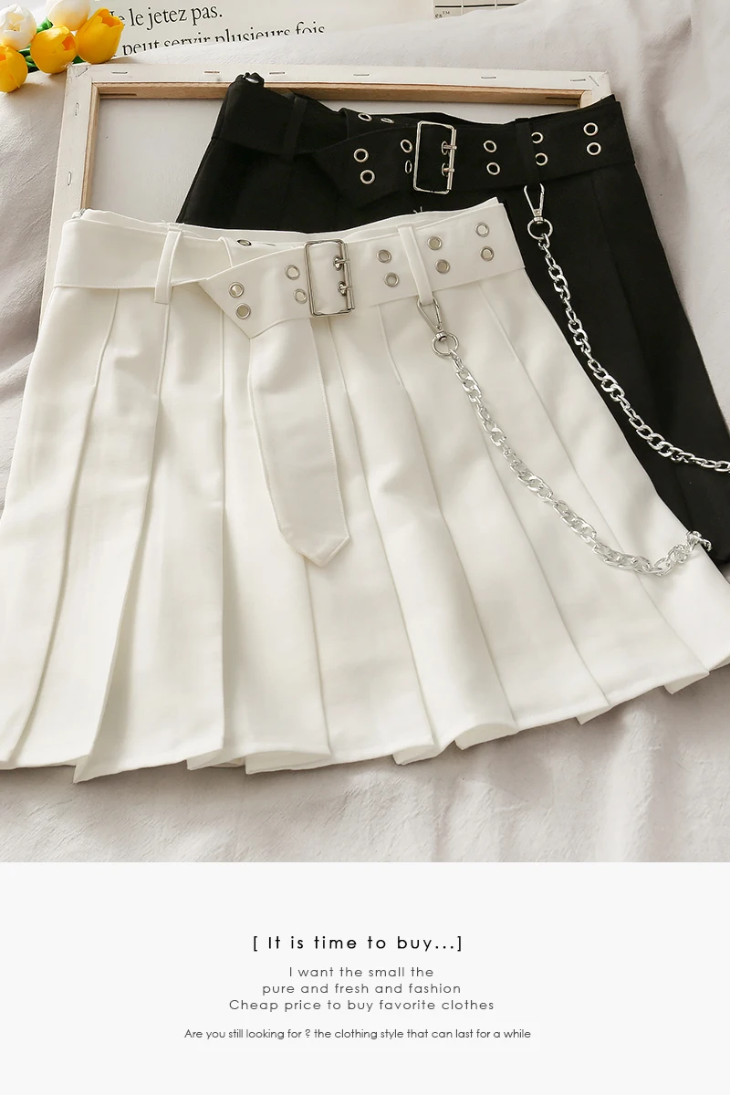 Falda con decoración de cadena fina y alta para mujer, nueva Falda de color sólido antideslumbrante, versión coreana 2020|Faldas| - AliExpress