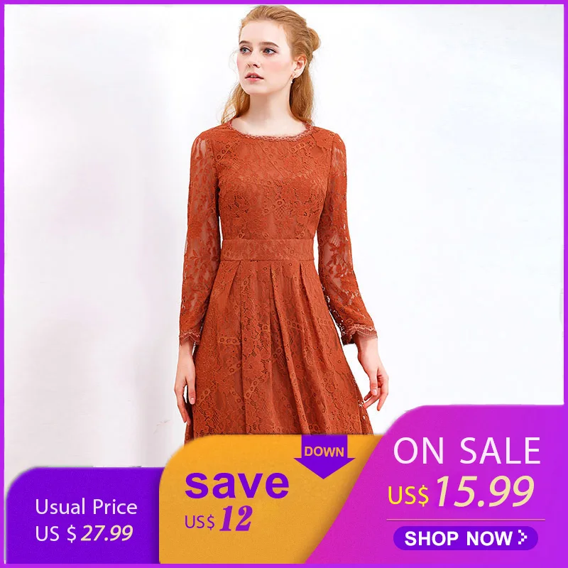 

HELIAR Autumn Long Sleeve Hollow Out Lace Women Dress Elegant A-line Lace Up Casual High Waist Party O-Neck Female Vestidos