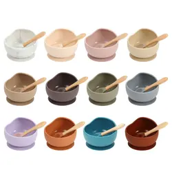 Juego de alimentación de silicona para bebé, cuchara de madera, tazón de succión, plato para bebé, vajilla de asistencia para niño pequeño, libre de BPA, silicona
