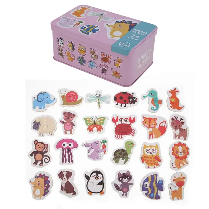 1set Baby Kids Cognition Puzzles Toys Wooden Cartoon Cognition Puzzles Toys Baby Iron Box Cards Matching Education Game