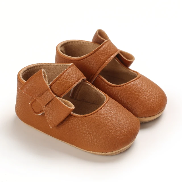 Infant Newborn Baby Girls Princess Non-Slip Floral Border Shoes Toddler Baby Soft PU Leather Prewalker Shoes Solid First Walkers D40 Brown