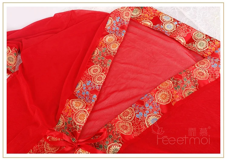 New red perspective bride kimono bathrobe mesh girth T pants+ nightgown nightdress set 3 piece set