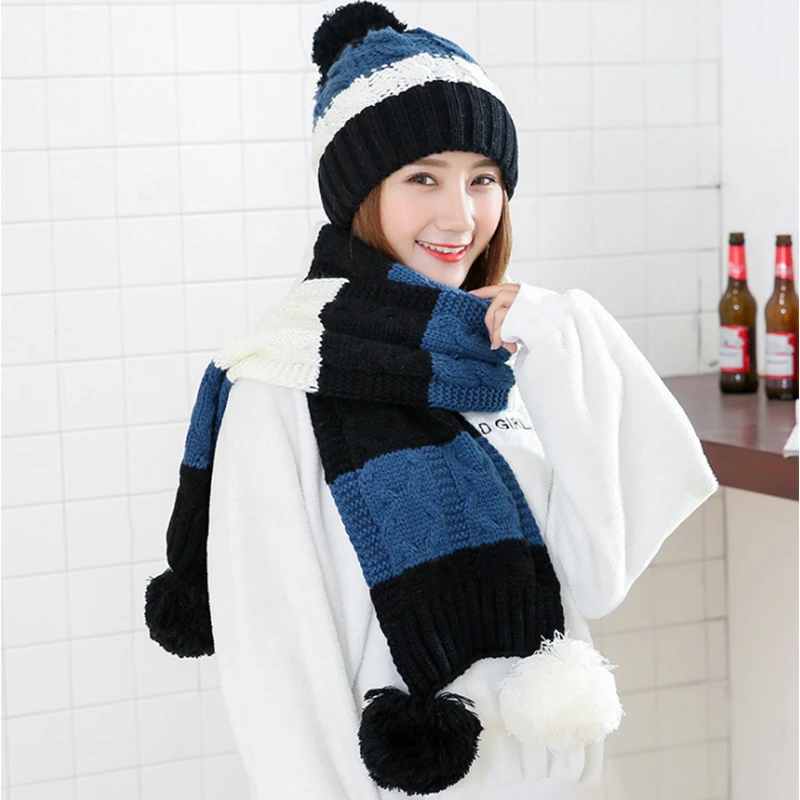 Best Winter Gift To Mother Girl Blue White Red Ladies Woolen Scarfs And Caps Sets Fashion Warm Wool Knitted Women Scarves Hats