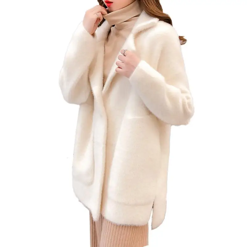 

Women 2019 Spring Autumn Faux Mink Cashmere Cardigan Female Elegant Solid Sweater Cardigan Lady Thick Warm Knitted Sweaters
