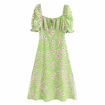 

Summer dress 2020 sexy dress vintage Green Printed Square Collar Puff Sleeve zaraing women Dress sheining vadiming Bgb9941