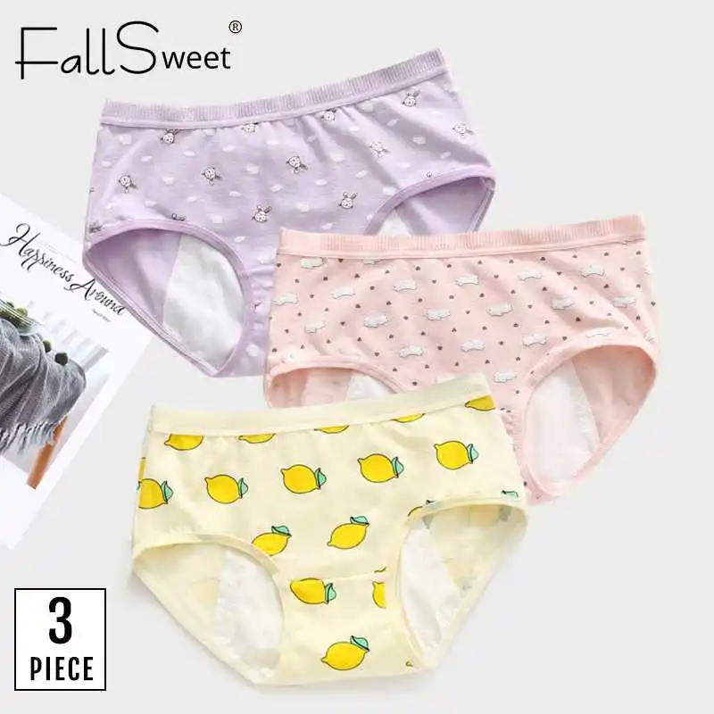 Женские трусы с защитой от протечек FallSweet, симпатичные хлопковые трусы для менструаций с низкой посадкой, 3 шт./партия, размеры M, L, XL