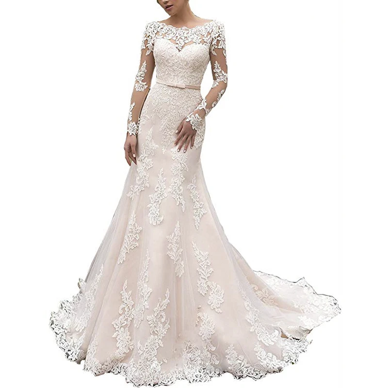 

Miaoduo Women's vestido de novia Lace Long Sleeve Mermaid Lace Appliques Wedding Dress Illusion Sash Bridal Gown robe de mariee