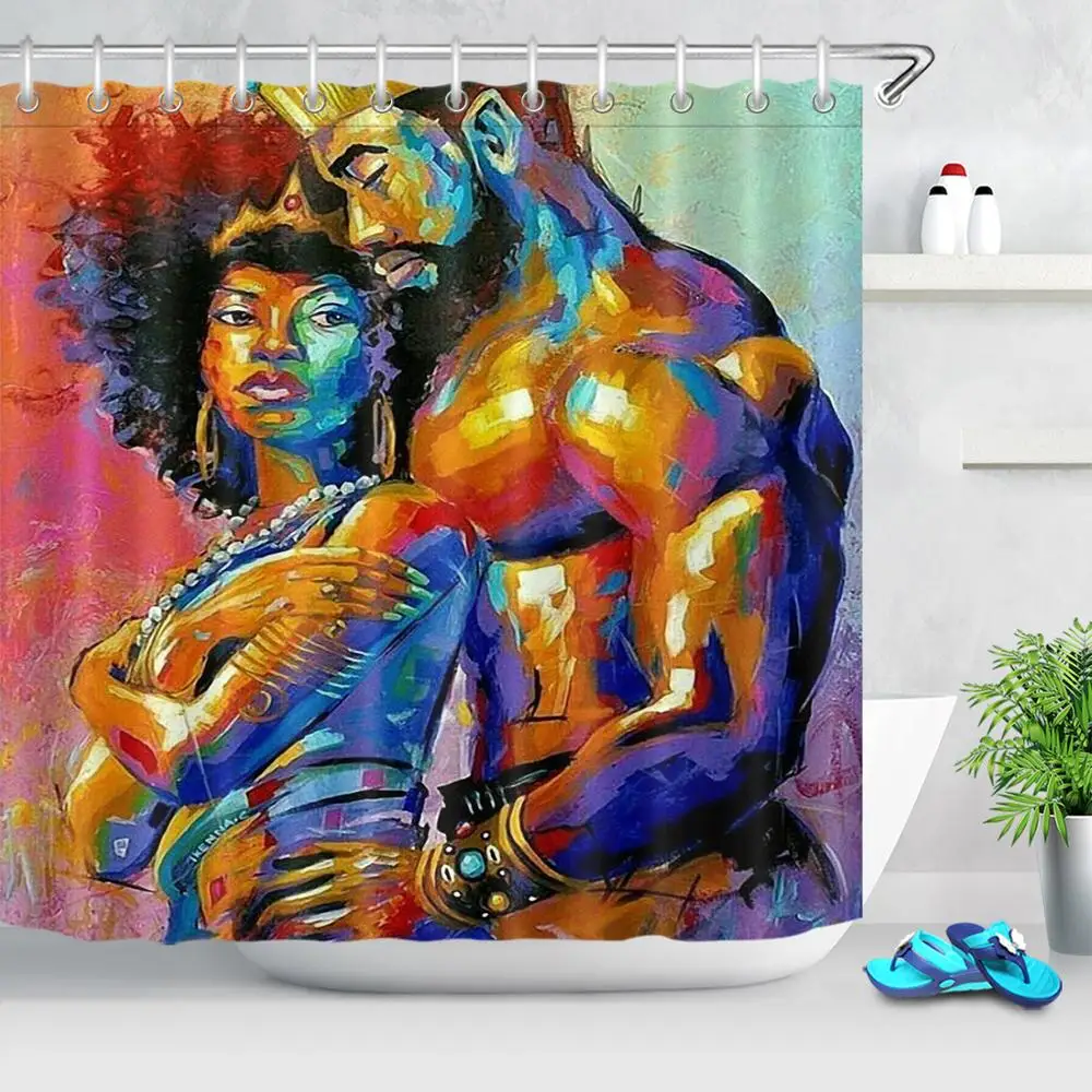 Bathroom Shower Curtain King African American Lovers Couple Colorful