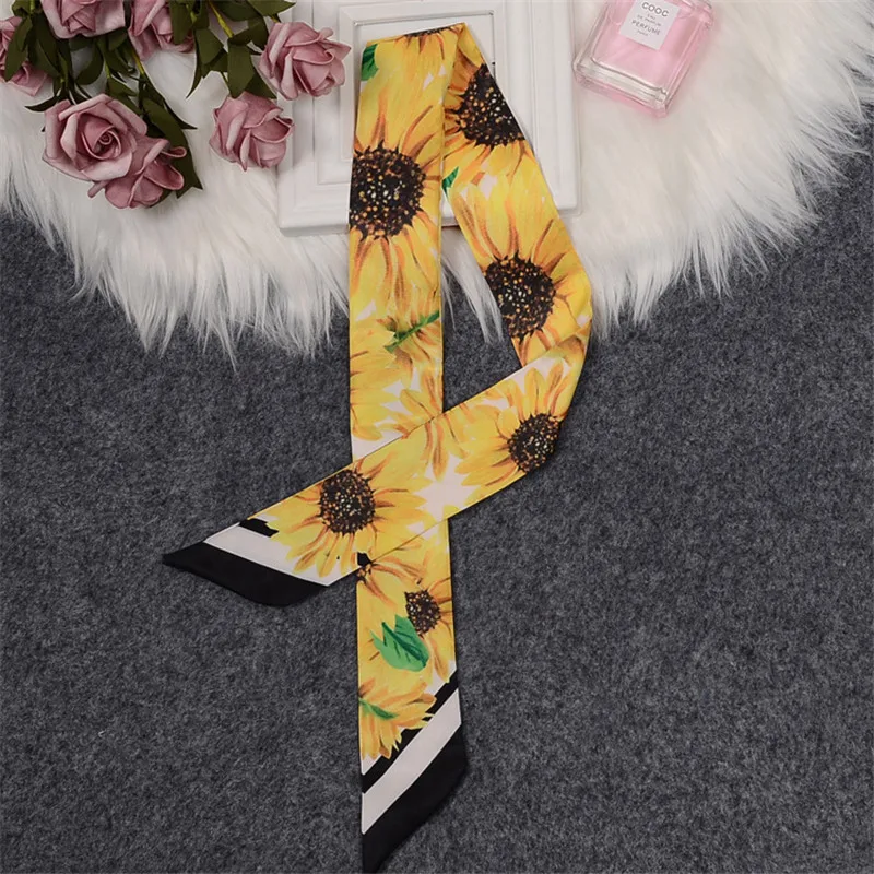 

Sunflower Printing Bowknot Luxury Brand Scarf Women Silk Scarf Bag Skinny Scarf 2019 New Design Foulard Femme Hair Headband