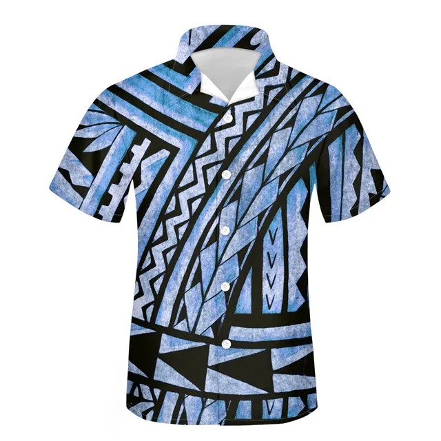 FORUDESIGNS Summer Men Shirts Polynesian Tribe Design Casual Loose Beach Camisas Oversized Chemise Homme V-neck Men Clothing Hot gray