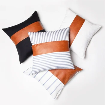 

45*45cm Pillow Case PU Leather Canvas Stripe Stitching Cushion Covers For Couch Bed Modern Minimalist Style