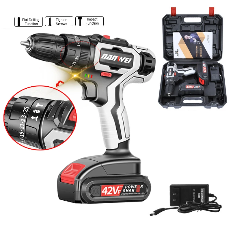 42VF 7500mAh Electric Screwdriver Cordless Impact Drill Lithium-ion Battery Rechargeable Power Mini Cordless Electric Drills