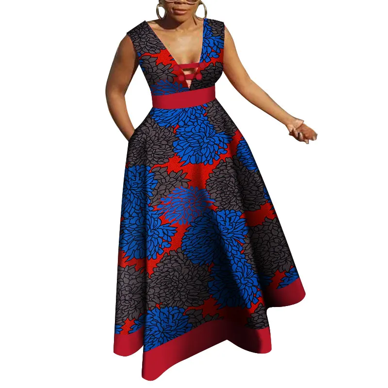 Bazin Riche, африканские платья для женщин, Дашики, пэчворк, воск, принт, вечерние, длинные, v-образный вырез, платья для женщин, африканская одежда WY4176 - Цвет: 3