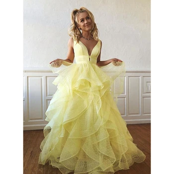 

Yellow Ruffles Long Evening Dresses 2020 Sexy Deep V-Neck A-Line Formal Evening Dress Plus Size Party Gowns Robe De Soiree