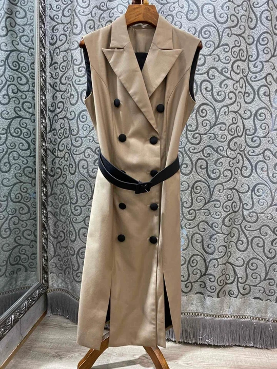 Early autumn new women's Lapel double-row buckle belt waist sleeveless dress 1004