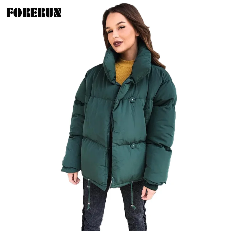 

FORERUN Winter Jacket Women Solid Oversized Jackets Standard Collar Cotton Padded Warm Plus Size Parka Bubble Coat