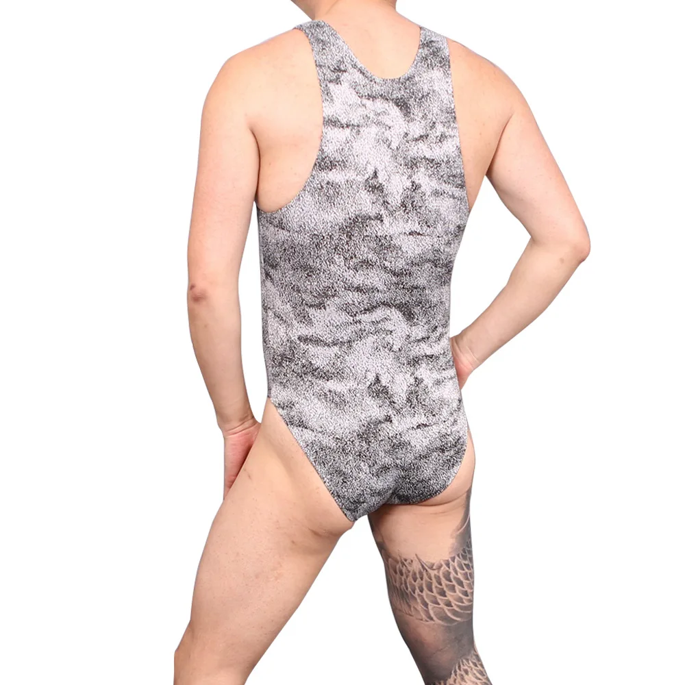 Men Sexy Leotard Silky Sleeveless Round Neck One Piece Slim Stretchy Stylish
