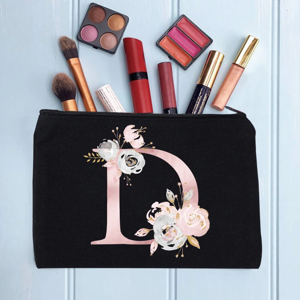 Women's Cosmetic Makeup Bags Female Organizer Pink Flower 26 Letters School Pencil Cases Carrying Bag for Coin Purse