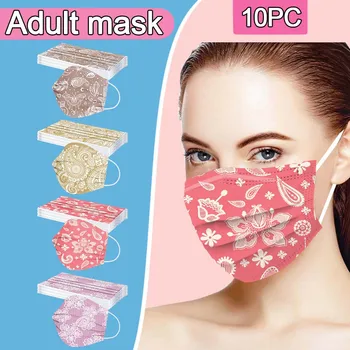 

10pc Adult Lace Printing Three Layer Protective Breathable Disposable Mask In Stock Print Facemask Disposable Christma Halloween
