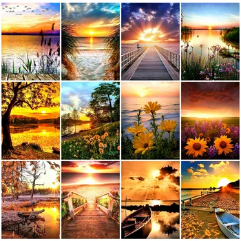 

HUACAN DIY Diamond Painting Sunset Full Square Diamond Embroidery Landscape Home Decoration Handmade