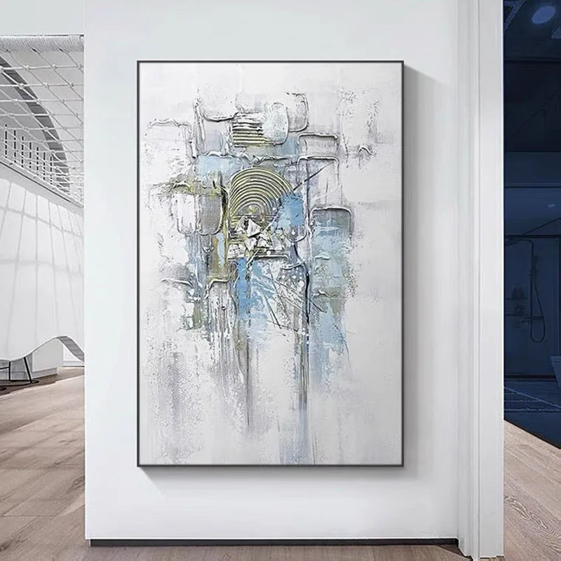 

Hand Painted Abstract Oil Painting Wall Art Blue and White Style Minimalist Modern On Canvas Decorative For Living No Frame